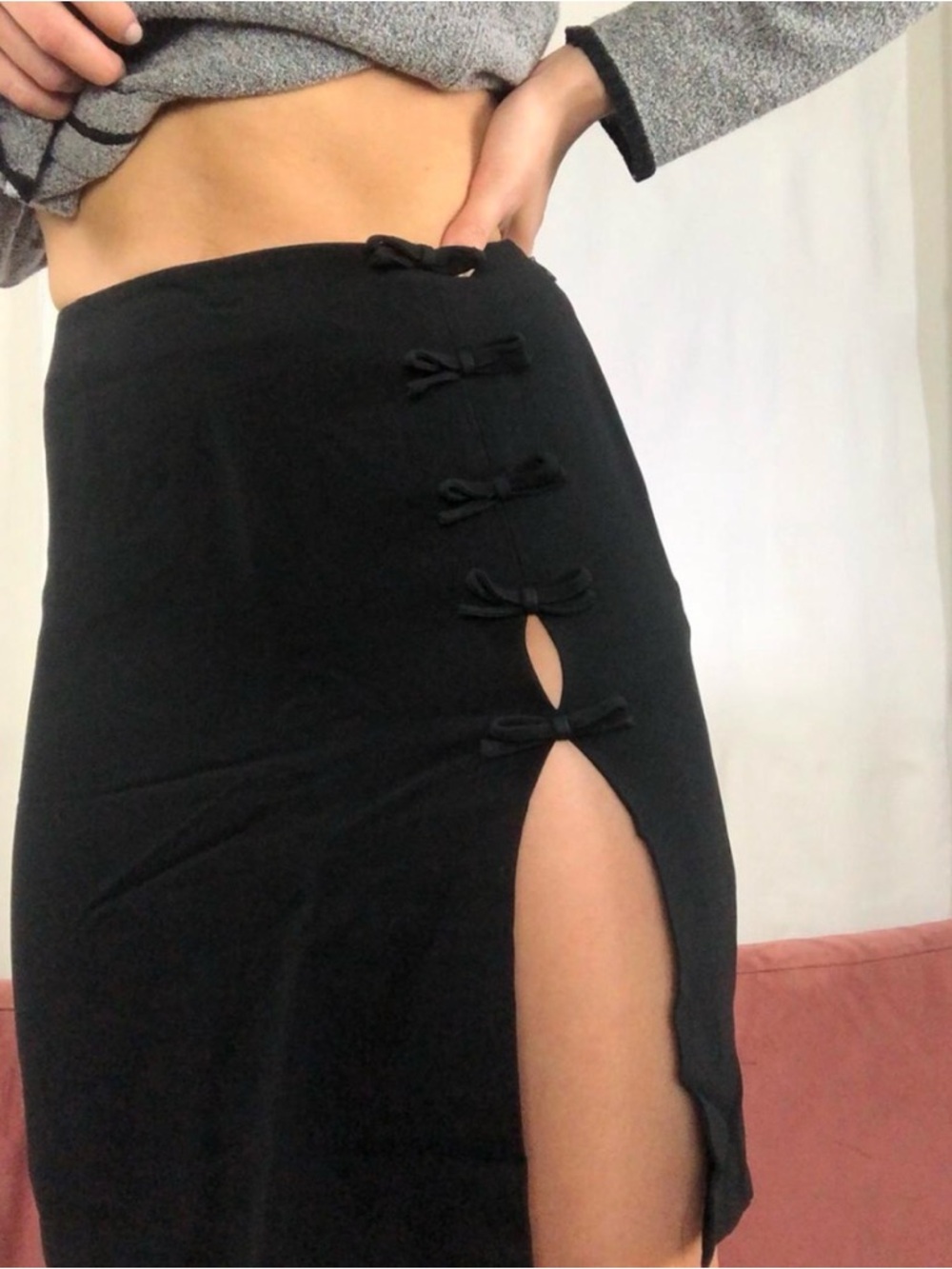 Moschino Cheap and Chic Black Pencil Skirt with Side Slit and Bow Details